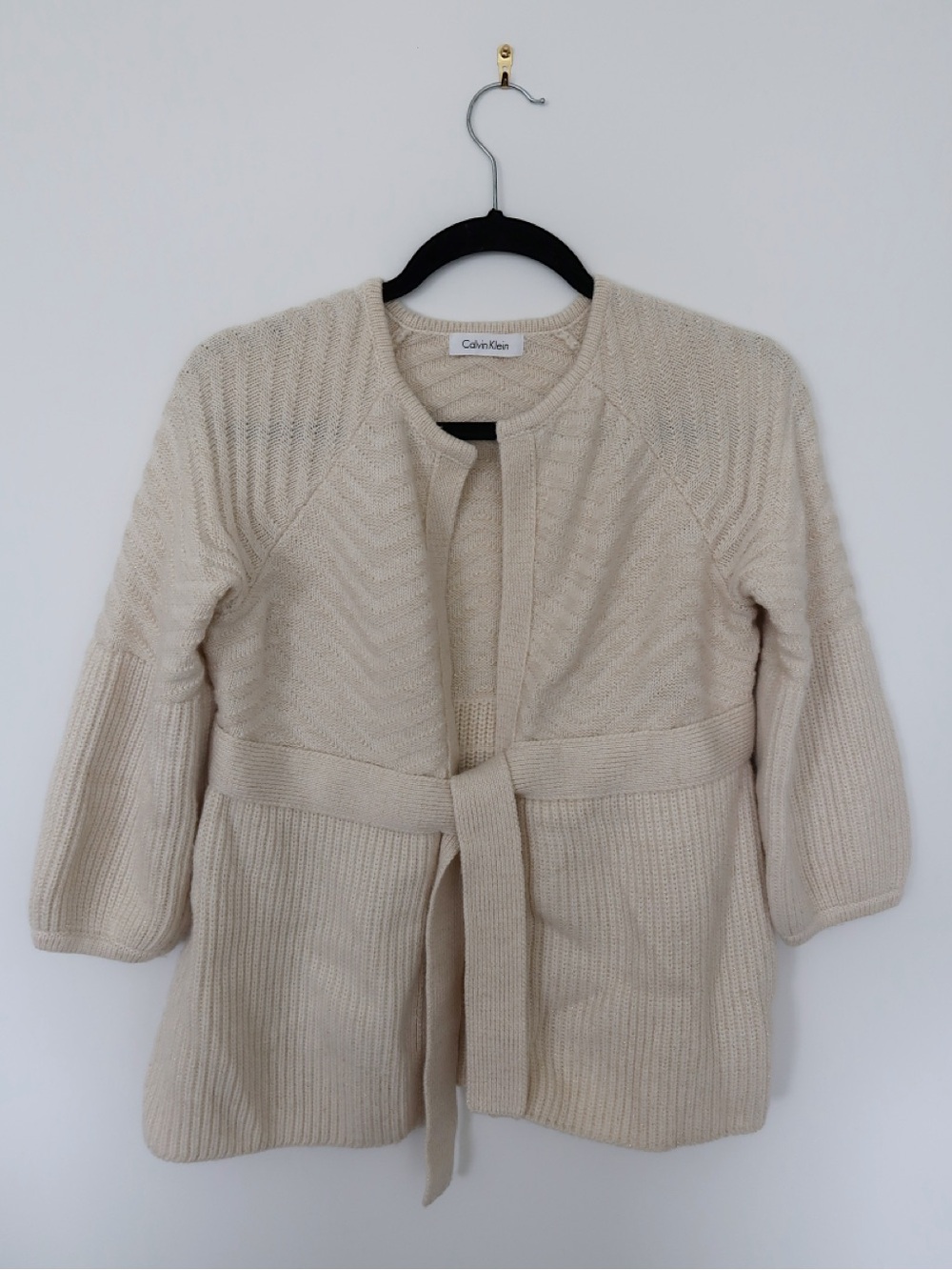 Calvin Klein Beige Cream Metallic Gold Wool Blend Tie-Waist Cardigan Small